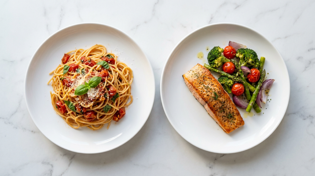 Two plates on a marble counter, one with pasta and one with salmon and vegetables. Showing how the same calories can have very different protein content. 