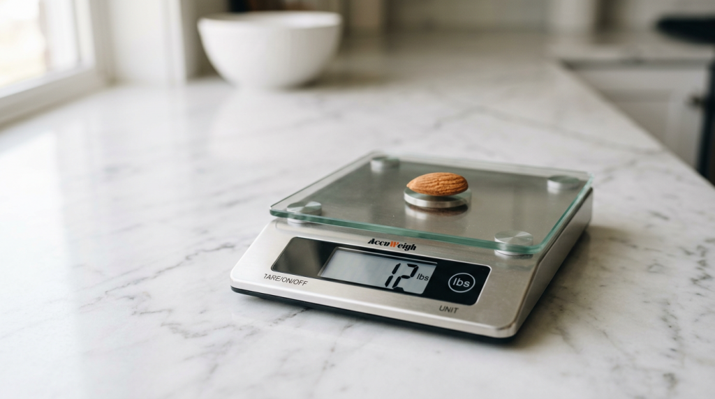 A kitchen scale with a single almond on it - showing 12lbs. Illustrating how small daily calorie surpluses add up over time. 